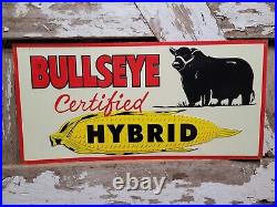 Vintage Bullseye Sign Old Hybrid Corn Feed Metal Tin Farming Gas Oil Advertising