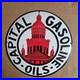 Vintage Capital Red Building Old Us Gasoline Oil Gas Pump Enamel Porcelain Sign