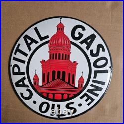 Vintage Capital Red Building Old Us Gasoline Oil Gas Pump Enamel Porcelain Sign