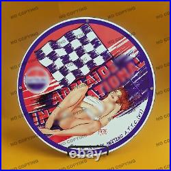 Vintage Car Moto Girl 12'' Gas Station Service Man Cave Oil Porcelain Sign 019