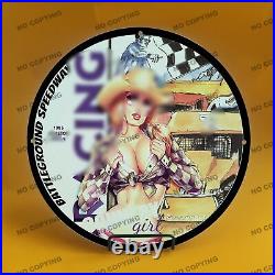 Vintage Car Moto Girl 12'' Gas Station Service Man Cave Oil Porcelain Sign 026