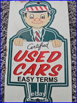 Vintage Certified Used Cars Porcelain Sign Gas Pump Plate Motor Oil Auto Sales