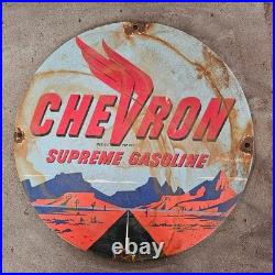 Vintage Chevron Supreme Old Us Gasoline Oil Gas Pump Enamel Porcelain Sign