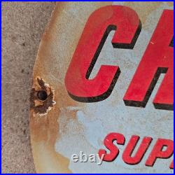 Vintage Chevron Supreme Old Us Gasoline Oil Gas Pump Enamel Porcelain Sign