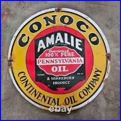 Vintage Conoco Amalie Pennsyl Old Us Gasoline Oil Gas Pump Enamel Porcelain Sign