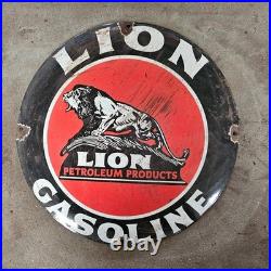 Vintage Convex Lion Red Old Us Gasoline Oil Gas Pump Enamel Porcelain Sign