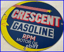 Vintage Crescent Gasoline Porcelain Sign Moon Gas Station Pump Plate Motor Oil