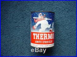 Vintage Dated 1945 Thermo 1 qt Anti Freeze Oil Tin Can Old Auto Snowman Graphics