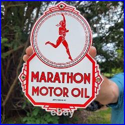 Vintage Dated'57 Marathon Motor Oil Porcelain Gas Station Metal Sign 10 X 8