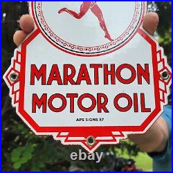 Vintage Dated'57 Marathon Motor Oil Porcelain Gas Station Metal Sign 10 X 8