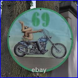 Vintage David Mann Road Art''69 Motorcycle Rider'' Porcelain Gas & Oil Sign