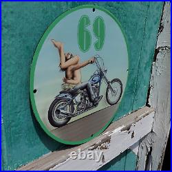 Vintage David Mann Road Art''69 Motorcycle Rider'' Porcelain Gas & Oil Sign