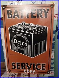 Vintage Delco Battery Service Porcelain Gas Oil Auto Dealership Sign