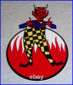 Vintage Devil Smiling + Yellow Suspenders 12 Metal Satan Evil Gasoline Oil Sign