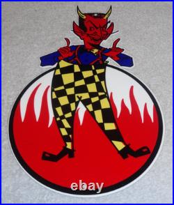 Vintage Devil Smiling + Yellow Suspenders 12 Metal Satan Evil Gasoline Oil Sign