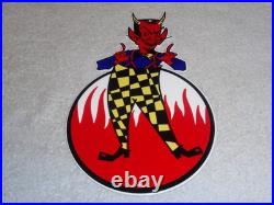Vintage Devil Smiling + Yellow Suspenders 12 Metal Satan Evil Gasoline Oil Sign