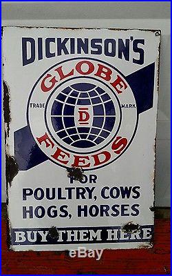 Vintage Dickinson's Globe Feeds Porcelain Flange Farm Advertising Sign Gas Oil