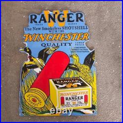 Vintage Die Cut Winchester Ra Old Us Gasoline Oil Gas Pump Enamel Porcelain Sign