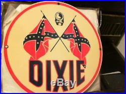 Vintage Dixie Gas Oil Porcelain Pump Sign Plate Confedrate Flag Ande Rooney USA
