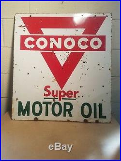 Vintage Double Side Porcelain Advertising Sign Conoco Motor Oil Rare Sign