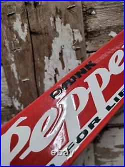 Vintage Dr Pepper Porcelain Sign Door Push Bar Soda Pop Beverage Bottle Gas Oil