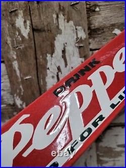 Vintage Dr Pepper Porcelain Sign Door Push Bar Soda Pop Beverage Bottle Gas Oil