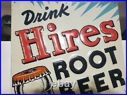 Vintage Drink HIRES ROOT BEER TIN EMBOSSED Tacker Sign Gas Oil Soda 41.5 x 13.5