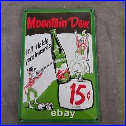 Vintage Drink Mountain Dew Old Us Gasoline Oil Gas Pump Enamel Porcelain Sign