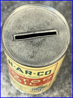 Vintage EN-AR-CO Motor Oil Advertising Can Bank, National Refining, with Coins