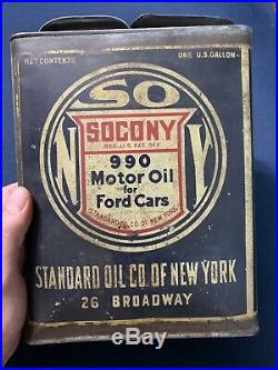 Vintage Early Original Socony 990 Motor Oil Can Ford Cars New York One Gallon