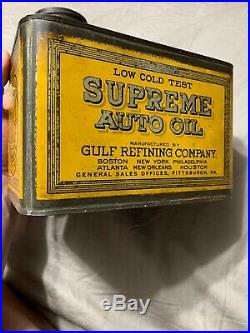 Vintage Early Rare Gulf Refining Supreme Auto 1 Gallon Spout Oil Can