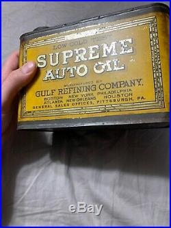 Vintage Early Rare Gulf Refining Supreme Auto 1 Gallon Spout Oil Can