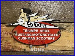 Vintage Ed Kretz Porcelain Sign Motorcycle Triumph Cushman Mustang Gas & Oil