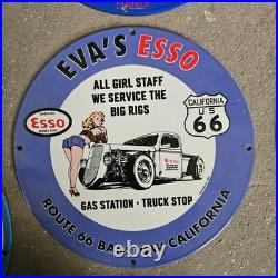 Vintage Esso 66 Eva's Station Old Us Gasoline Oil Gas Pump Enamel Porcelain Sign