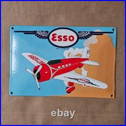 Vintage Esso Airplan Fly Sky Old Us Gasoline Oil Gas Pump Enamel Porcelain Sign