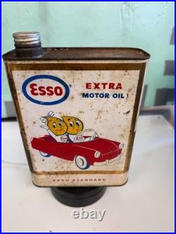 Vintage Esso Extra Motor Oil Slim Tin Can With Mr & Mrs. In The Red Car