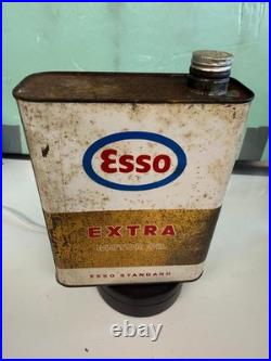 Vintage Esso Extra Motor Oil Slim Tin Can With Mr & Mrs. In The Red Car