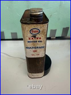 Vintage Esso Extra Motor Oil Slim Tin Can With Mr & Mrs. In The Red Car