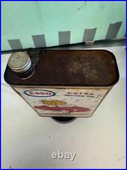 Vintage Esso Extra Motor Oil Slim Tin Can With Mr & Mrs. In The Red Car