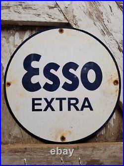 Vintage Esso Extra Porcelain Sign Oil Gas Station Service Pump Plate Lube Truck