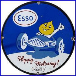 Vintage Esso Gasoline Porcelain Sign Happy Motoring Gas Station Oil Pump Plate