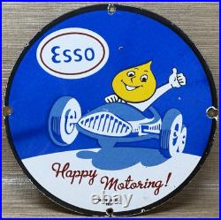 Vintage Esso Gasoline Porcelain Sign Happy Motoring Gas Station Oil Pump Plate