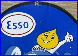 Vintage Esso Gasoline Porcelain Sign Happy Motoring Gas Station Oil Pump Plate