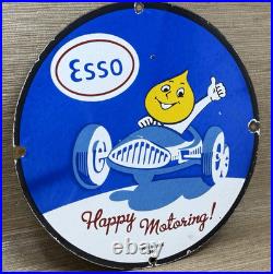 Vintage Esso Gasoline Porcelain Sign Happy Motoring Gas Station Oil Pump Plate