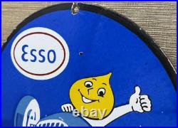 Vintage Esso Gasoline Porcelain Sign Happy Motoring Gas Station Oil Pump Plate