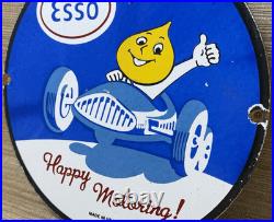 Vintage Esso Gasoline Porcelain Sign Happy Motoring Gas Station Oil Pump Plate Vintage Esso Gasoline Porcelain Sign Happy Motoring Gas Station Oil Pump Plate