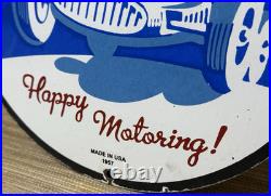 Vintage Esso Gasoline Porcelain Sign Happy Motoring Gas Station Oil Pump Plate