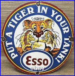 Vintage Esso Gasoline Porcelain Sign Put A Tiger In Your Tank Gas Oil Pump Plate