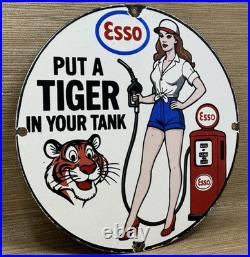 Vintage Esso Gasoline Porcelain Sign Put A Tiger In Your Tank Gas Oil Pump Plate