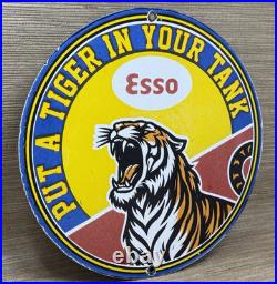 Vintage Esso Gasoline Porcelain Sign Put A Tiger In Your Tank Gas Oil Pump Plate